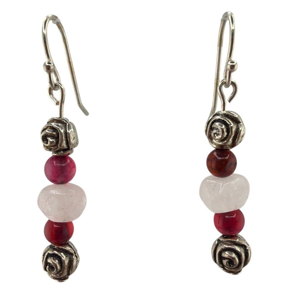 Artisan Handcrafted Drop Rose Quartz Agate Rose Charm Earri